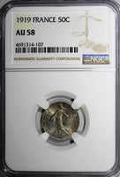 France Silver 1919 50 Centimes NGC AU58 MINT LUSTER KM# 854