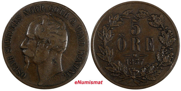 SWEDEN Oscar I Bronze 1857 5 Ore Mintage-731,000  KM# 690 (20 425)