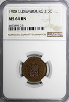 Luxembourg William III 1908 2-1/2 Centimes NGC MS64 BN 1 GRADED HIGHER KM# 21
