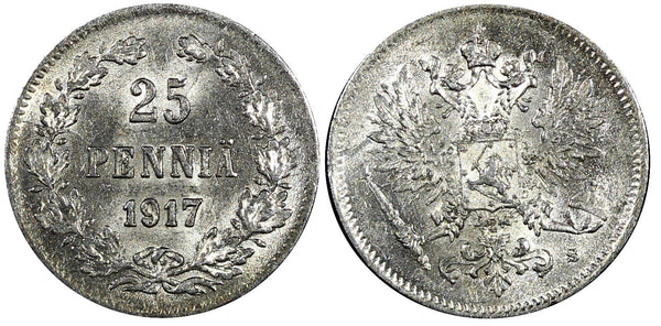 Finland Nicholas II Silver 1917 S 25 Pennia Grand Duchy High Grade KM# 6.2 (258)