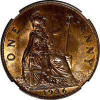 GREAT BRITAIN George V Bronze 1936 1 Penny NGC MS65 BN NICE TONING KM# 838