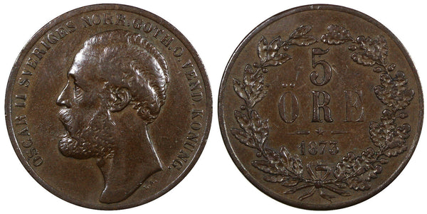 Sweden Oscar II Bronze 1873 5 Ore Mintage-783,000 27 mm KM# 730 (20 863)