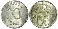 SWEDEN Gustaf V Silver 1918 W 10 Öre Light Toned UNC KM# 780 (22 137)