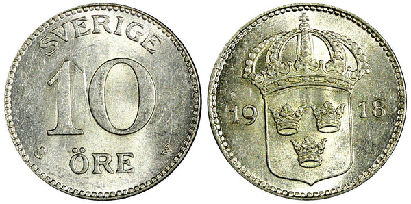SWEDEN Gustaf V Silver 1918 W 10 Öre Light Toned UNC KM# 780 (22 137)