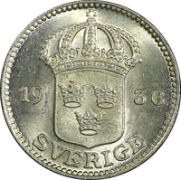 Sweden Gustaf V Silver 1936 G  25 Öre Choice UNC Luster KM# 785 (22 049)