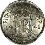 GREAT BRITAIN George VI Silver 1941 6 Pence NGC AU58  KM# 852 (214)