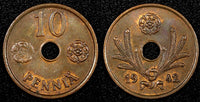 FINLAND Copper 1942 10 Pennia UNC Condition WWII KM# 33.1 RANDOM PICK ( 1 Coin)