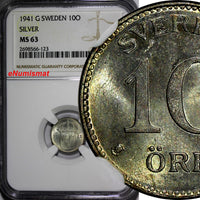 SWEDEN Gustaf V Silver 1941-G 10 Ore NGC MS63 WWII Issue Light Toned KM# 780(23)