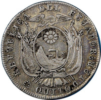 Ecuador Silver 1848/7 GJ  QUITO 2 Reales Scarce Over-Date XF  KM# 33 (8302)