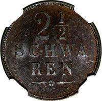 Germany BREMEN Copper 1866 2-1/2 Schwaren NGC MS63 BN Mintage-72,000 KM234 (127)