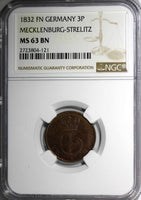 Germany MECKLENBURG-STRELITZ 1832 FN 3 Pfennig NGC MS63 BN TOP GRADE KM#80 (121)