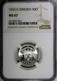 SWEDEN Gustaf V Silver 1933 G 50 Ore NGC MS67 TOP GRADED SCARCE KM# 788 (032)