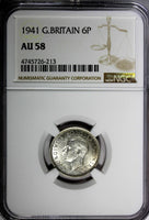GREAT BRITAIN George VI Silver 1941 6 Pence NGC AU58  KM# 852 (213)