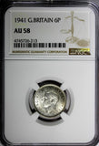 GREAT BRITAIN George VI Silver 1941 6 Pence NGC AU58  KM# 852 (213)