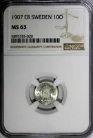 SWEDEN Oscar II Silver 1907 EB 10 Ore 1 YEAR TYPE NGC MS63 KM# 774 (020)