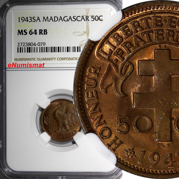 Madagascar French Colony 1943-SA 50 Centimes NGC MS64 RB Rooster  KM# 1 (079)