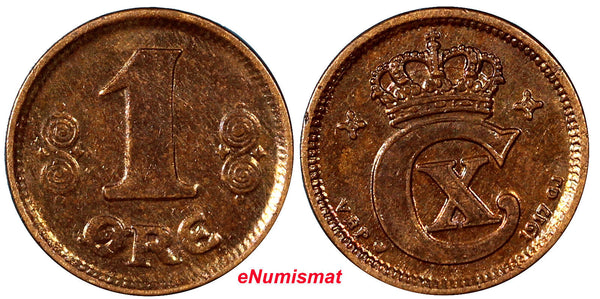 Denmark Christian X Bronze  1917 VBP; GJ 1 Ore aUNC KEY DATE SCARCE KM# 812.1(5)