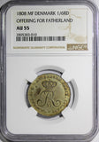 Denmark Frederik VI 1808-MF 1/6 Rigsdaler NGC AU55 Offering Fatherland KM# 664