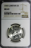 GREAT BRITAIN George VI Silver 1945 Florin /2 Shilling NGC MS63 WWII Issue KM855