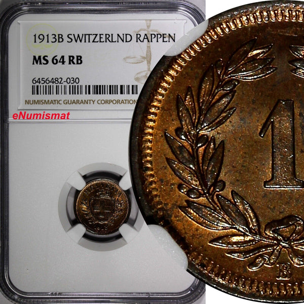 Switzerland Bronze 1913 B 1 Rappen NGC MS64 RB HELVETIA KM# 3.2 (030)