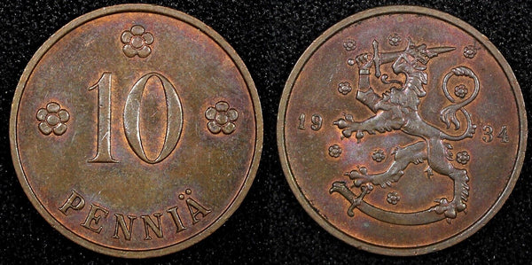 FINLAND Copper 1934 10 Penniä UNC KM# 24 (23 994)