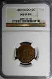 SWEDEN BRONZE Oscar II 1889  2 Ore NGC MS64 BN  21mm Mintage 589,000 KM# 746 (6)