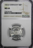 Germany,Weimar Republic 1921 J 50 Pfennig NGC MS64 1 GRADED HIGHER KM#27 (001)