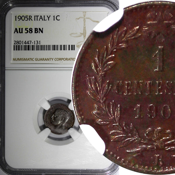 Italy Vittorio Emanuele III Bronze 1905 R 1 Centesimo NGC AU58 BN KM# 35 (131)