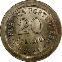 Portugal Copper-Nickel 1921 20 Centavos Liberty head UNC KM# 571 (11 366)