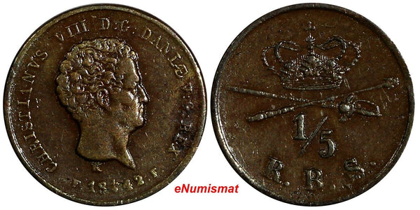 Denmark Christian VIII Copper 1842 FF 1/5 Rigsbankskilling XF KM# 724 (13 972)