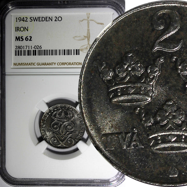 SWEDEN GUSTAF V Iron 1942 2 ORE NGC MS62 WWII Issues  KM# 811 (026)