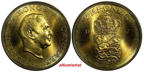 Denmark Frederik IX Aluminum-Bronze 1957 C S 2 Kroner GEM BU  31mm KM# 838.2(8)