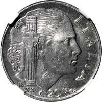 Italy 1942 R XX 20 Centesimi NGC UNC DETAILS MAGNETIC REEDED EDGE KM# 75b (131)