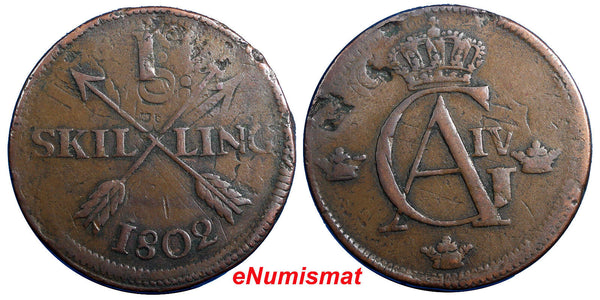 Sweden Copper 1802 1 Skilling Overstruck on 2 Ore S.M.(1743-1768) KM#566 (4859)