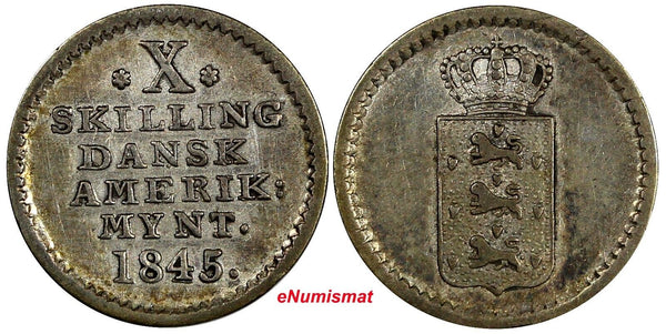 Danish West Indies Christian VI Silver 1845 10 Skilling Mint-97,000 KM# 16 (364)