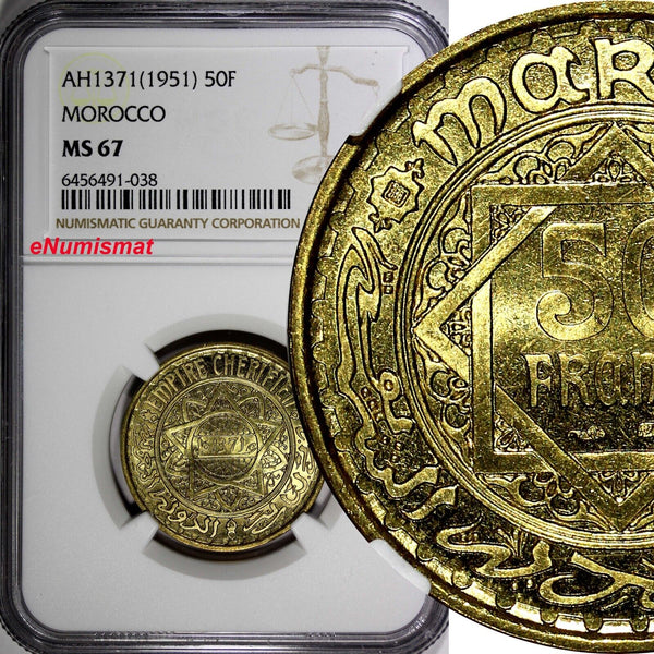 Morocco Mohammed V 1371 (1951) 50 Francs Paris Mint NGC MS67 GEM BU Y# 51 (038)