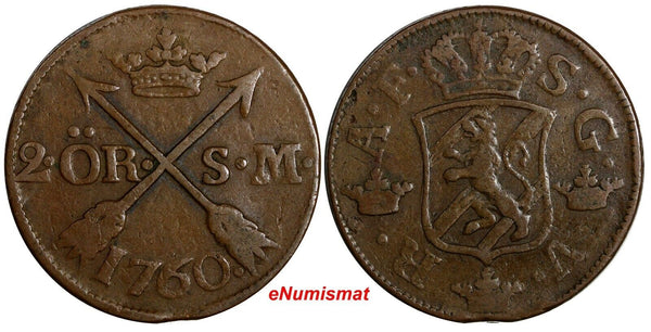 SWEDEN Adolf Frederick (1751-1771) 1760 S.M. 2 Ore Mintage-558,000 KM#461 (146)