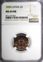LATVIA Bronze 1939 2 Santimi NGC MS64 RB 1 YEAR TYPE Mint Luster KM# 11.2 (022)