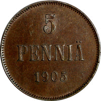 Finland Nicholas II Copper 1905 5 Pennia Mintage-620,000 BETTER DATE KM# 15 (8)