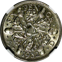 GREAT BRITAIN George V Silver 1932 6 Pence NGC AU58 BETTER DATE KM# 832