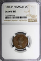 Denmark Frederik VI Copper 1810 IC 2 Skilling NGC MS61 BN 2 YEARS TYPE KM#670(8)