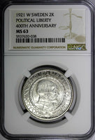 SWEDEN Gustaf V Silver 1921 W 2 Kronor NGC MS63 400th Political Liberty KM799(8)