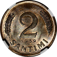 LATVIA Bronze 1939 2 Santimi NGC MS64 RB 1 YEAR TYPE Mint Luster KM# 11.2 (050)