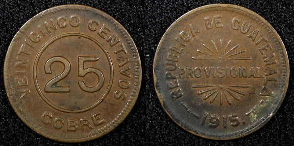 Guatemala Provisional Coinage Copper 1915 25 Centavos KM# 231 (22 615)