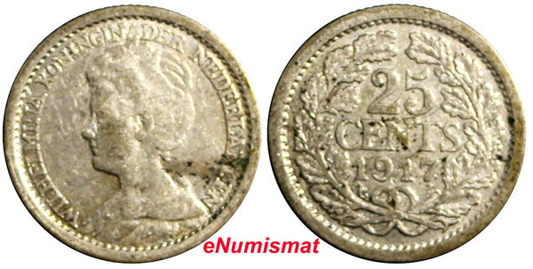 Netherlands Wilhelmina I Silver 1917 25 Cents 19mm KM# 146 (6498)