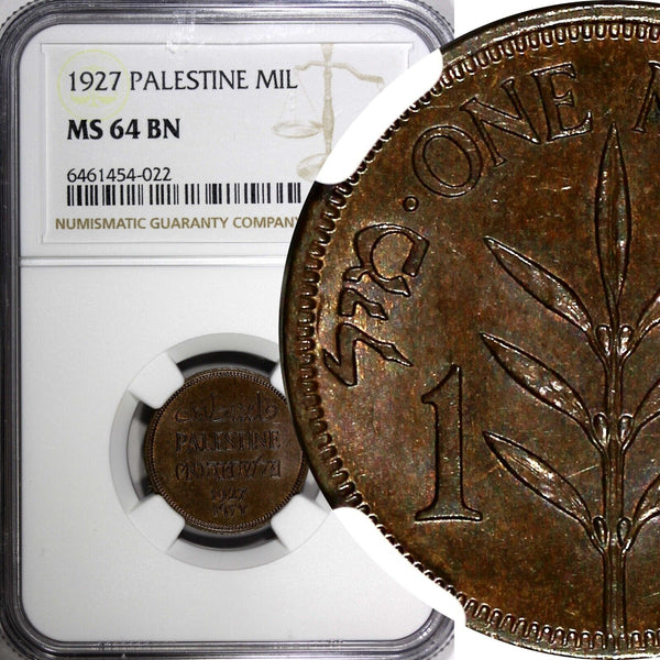 Palestine British Mandate Bronze 1927 1 Mil 1st Date Type NGC MS64 BN KM# 1 (22)