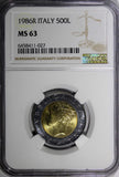 Italy Bi-Metallic 1986 R 500 Lire NGC MS63 GEM BU KM# 111 (27)