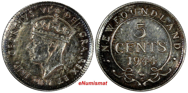 Canada NEWFOUNDLAND George VI Silver 1944 5 Cents aUNC Rainbow Toning KM# 19a(7)