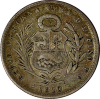 PERU Silver 1910 FG 1/5 Sol Mintage-165,000 Ch.Fine SCARCE KM# 205.2 (13 582)