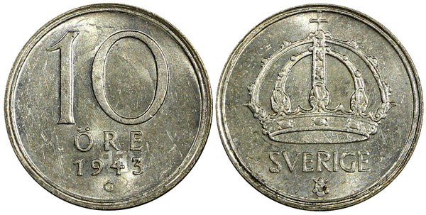 Sweden Gustaf V (1907-1950) Silver 1943 G 10 Öre UNC KM# 813 (22 066)